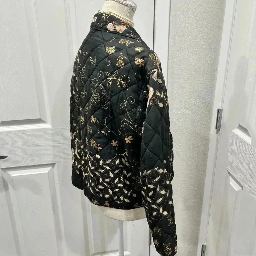Reversible Quilted floral button front Jacket 100% silk with pockets - Picture 9 of 15
